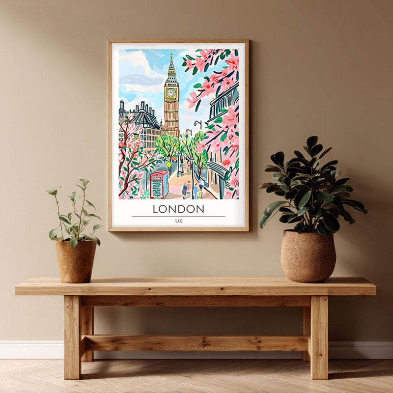 Vintage London Framed Canvas Archival Canvas Wall Painting - Natural Brown Frame