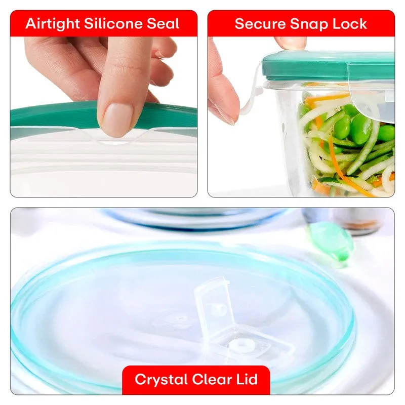 Close-up views of lid seal, snap lock and clear lid on glass container