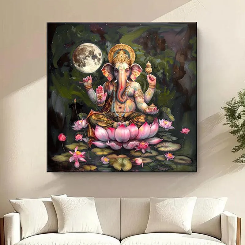 Shri Ganesha On Lotus Wall Painting media 1