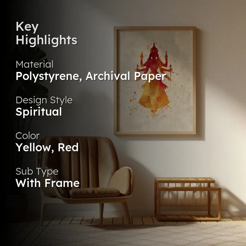 Framed Durga wall art in a styled room with a dark text overlay