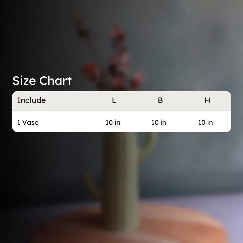 Blurred decorative vase in the background behind a size chart layout