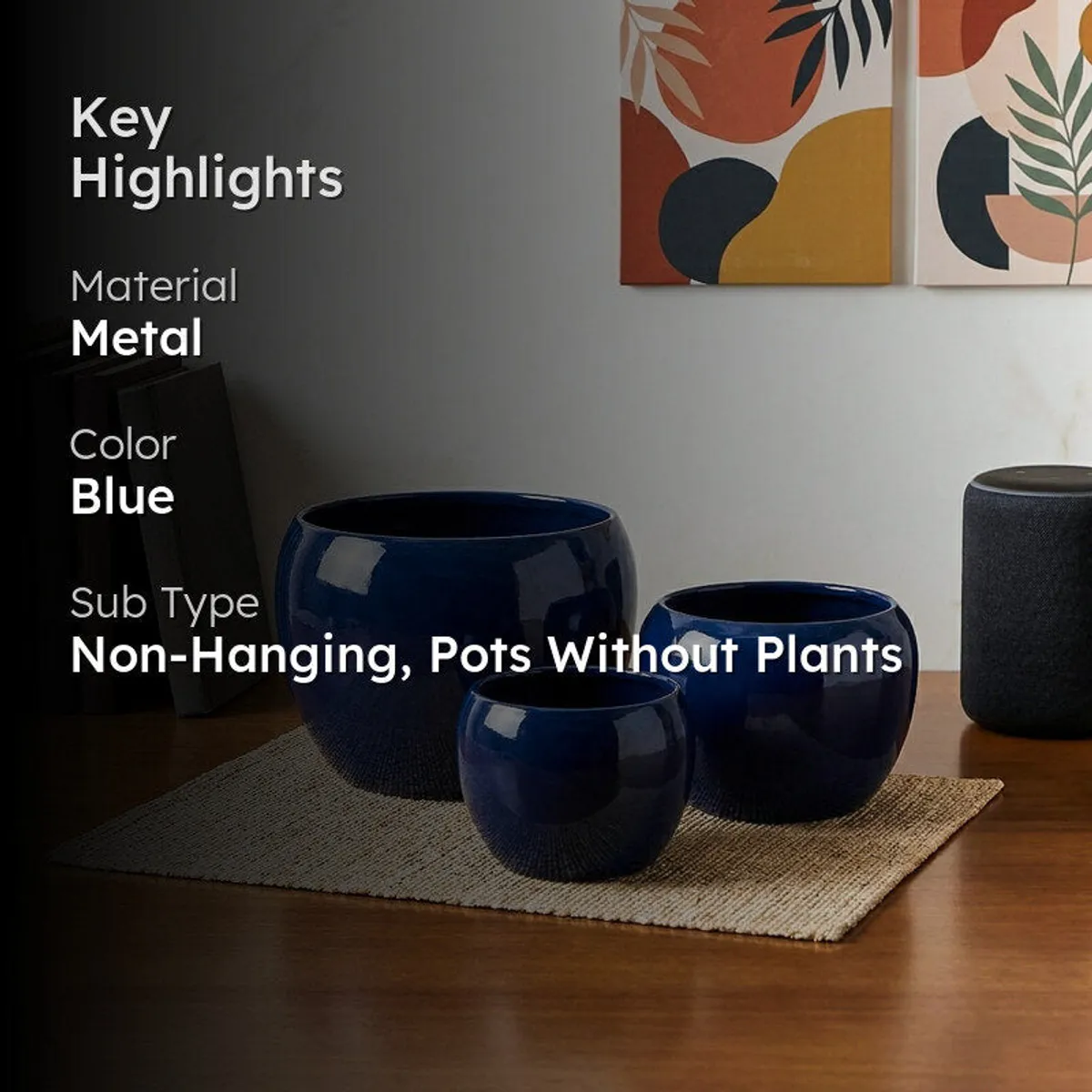 Three blue planters shown in a room setting with product highlights.