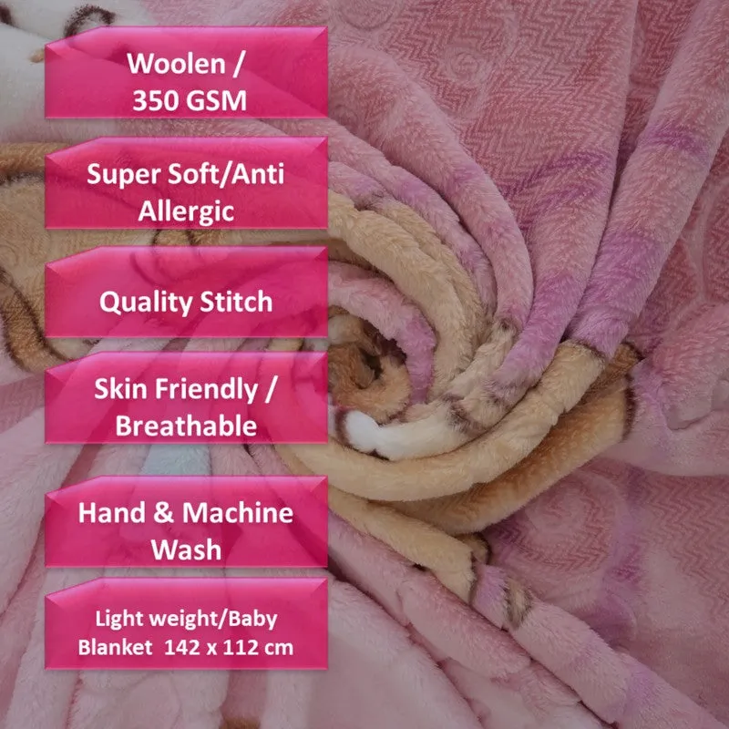 Snugsy Cartoon Woolen Kids Blanket (Pink) - 350 GSM media 8