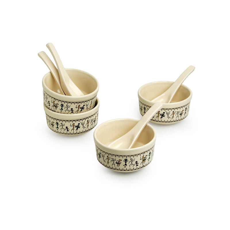 Warli Whirls Handcrafted Ceramic Soup Bowl With Spoon (300 ML) - Eight Piece Set media 3