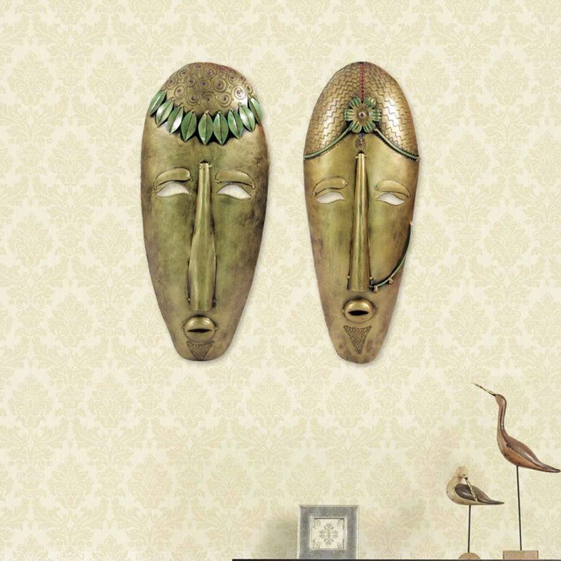 Tribal Mask Pair Iron Wall Accents - Set Of Two