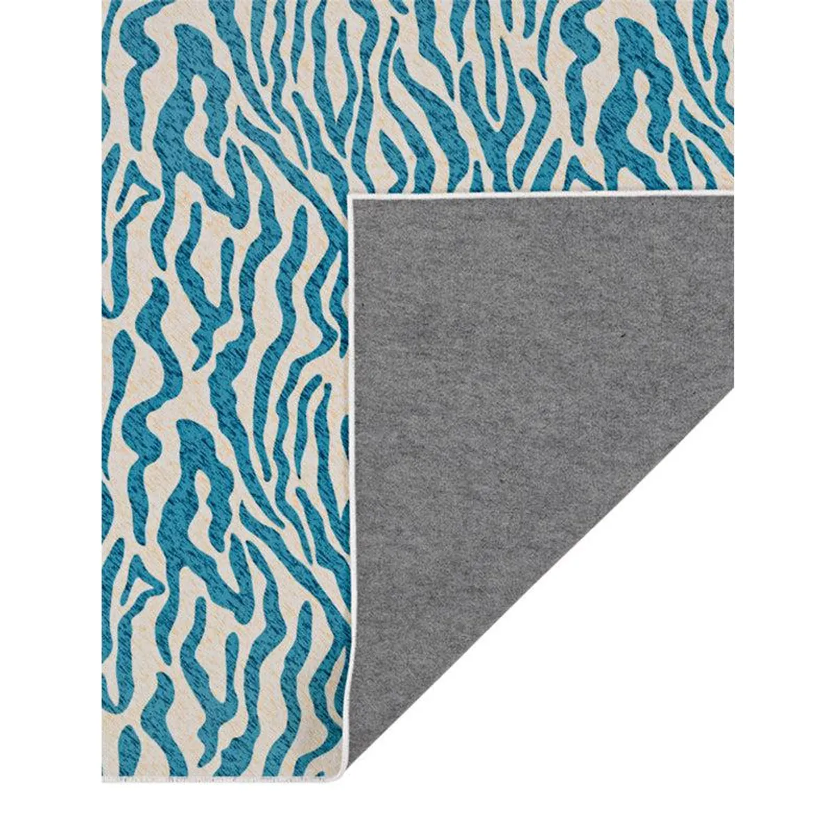 Corner view showing the blue and beige patterned carpet surface