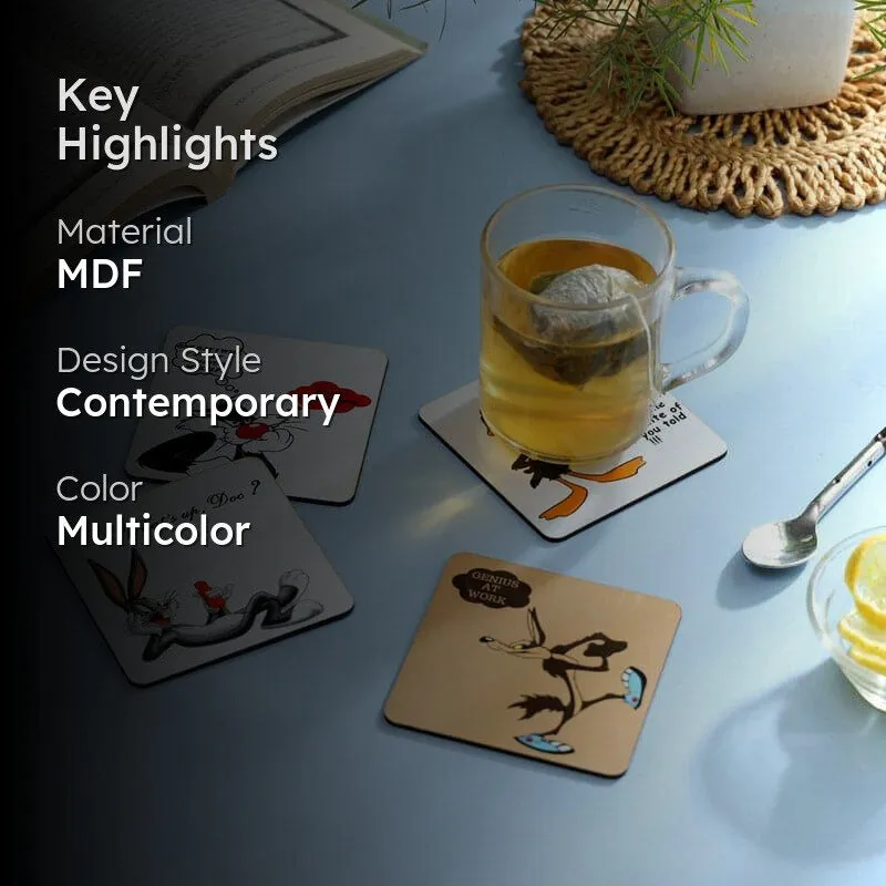 Styled tabletop scene with cartoon coasters and text overlay about material and design
