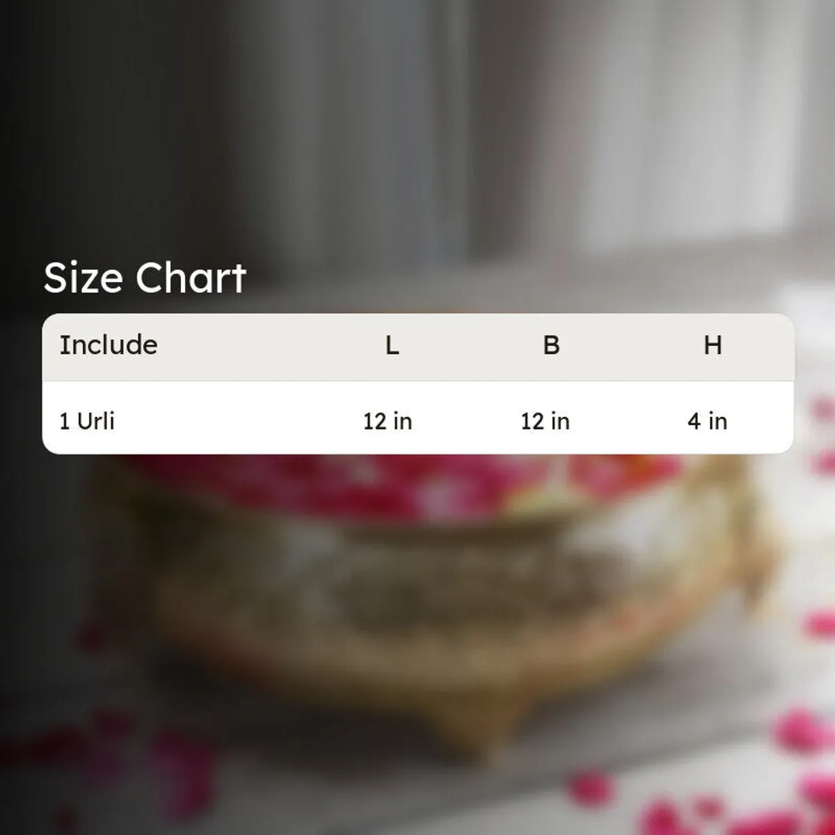 Gold brass urli shown with a size chart for its length, breadth and height.