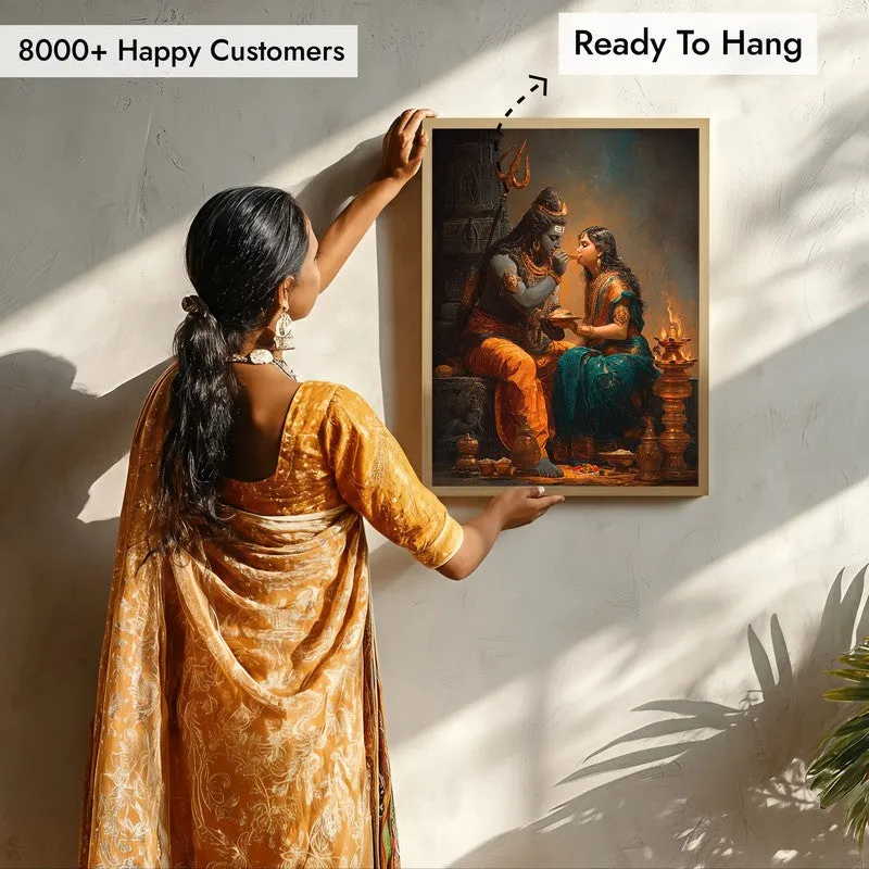 Divine Couple Mahadev and Parvati Blissful Archival Paper Wall Art - Natural Brown Frame media 7