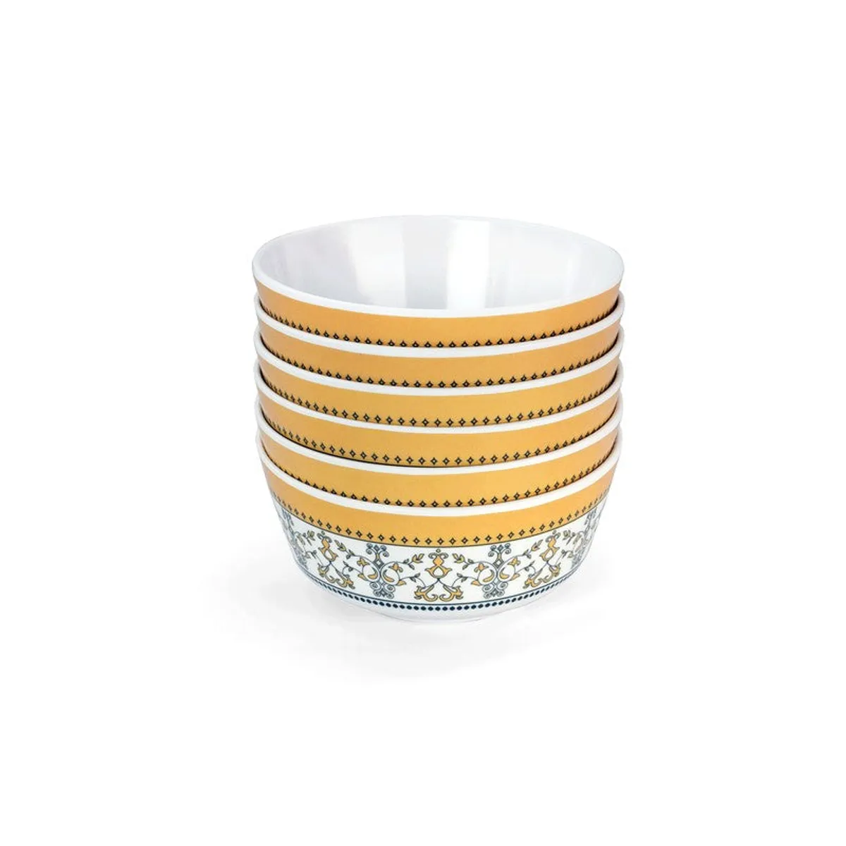 Stacked yellow and white patterned melamine snack bowls on a white background.