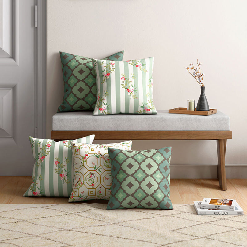 India Circus Seraphic Roses Printed Velvet Cushion Cover - Set Of Five