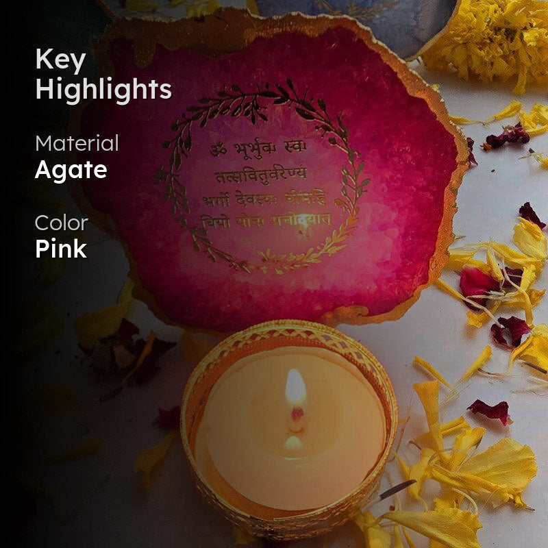 Festive Gayatri Mantra Agate Tealight Candle Holder - Pink media 2