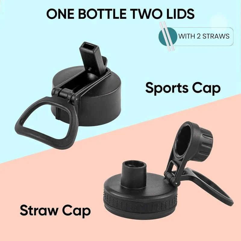 Two black bottle lids shown with two straws