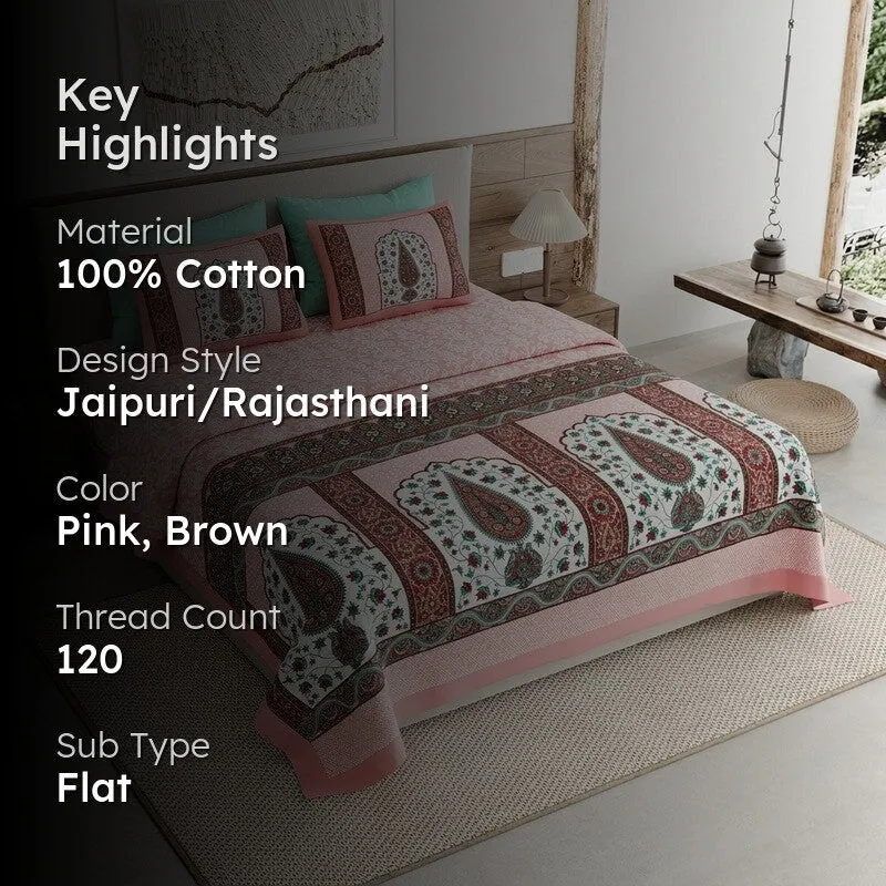 Ethnic Glow Cotton Bedsheet (Pink,Brown) - 120 TC media 2