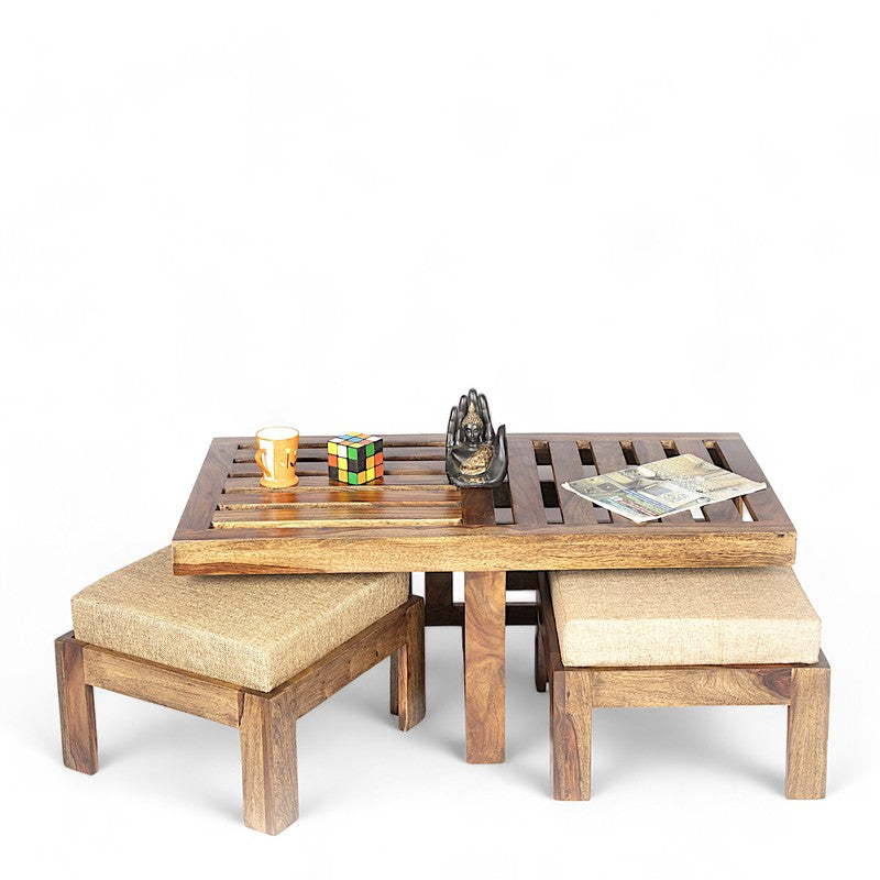 Dravon Sheesham Wooden Center Table with Stools (Brown) - Five Piece Set media 4