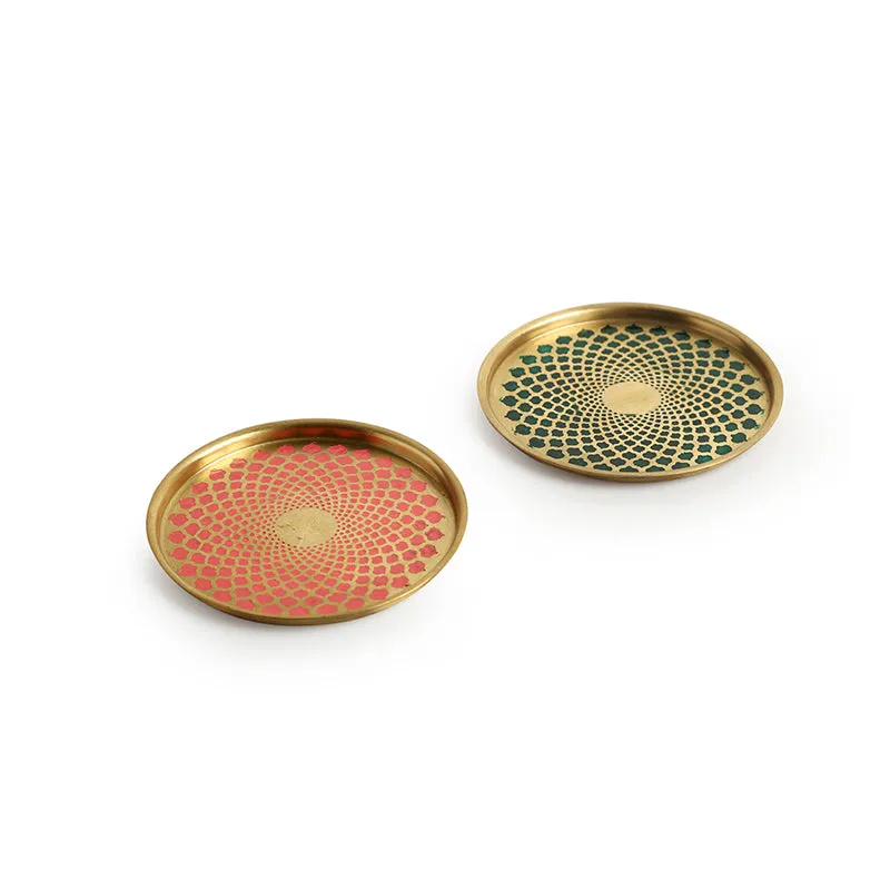 Mughal Mirage Brass Coaster (Green & Pink) - Set Of Two media 3
