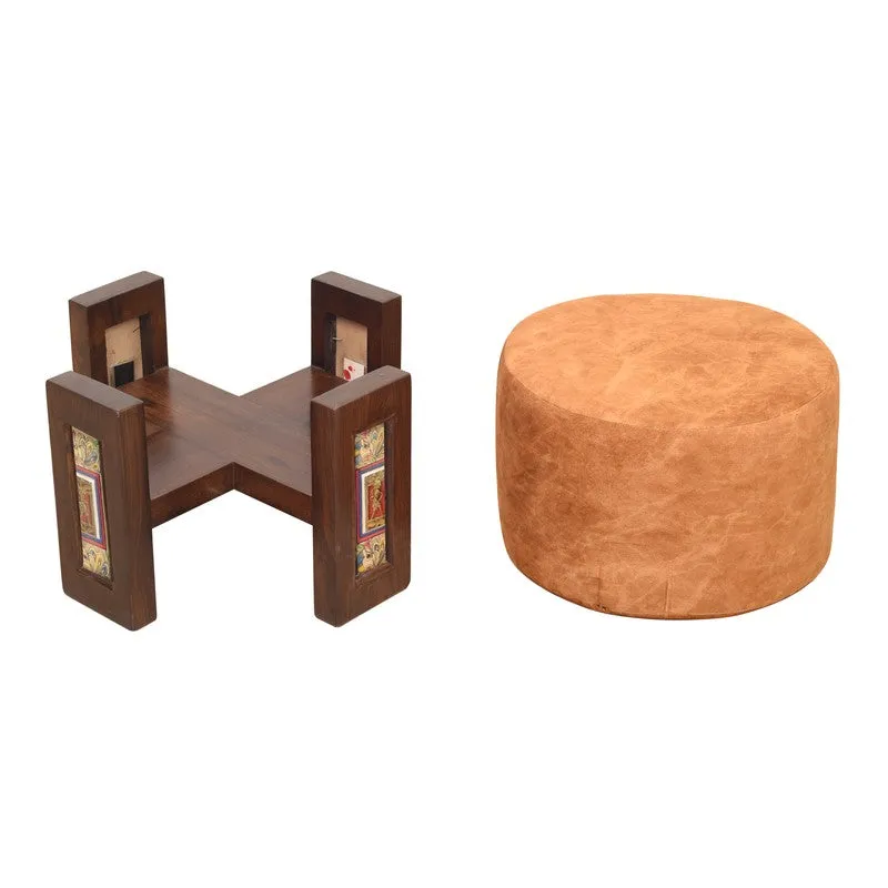 Suede Teak Wood Pouffe - Orange media 5