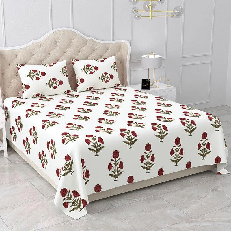 Marrakech Marigold Ethnic Cotton Bedsheet (Maroon & White) - 180 TC media 1