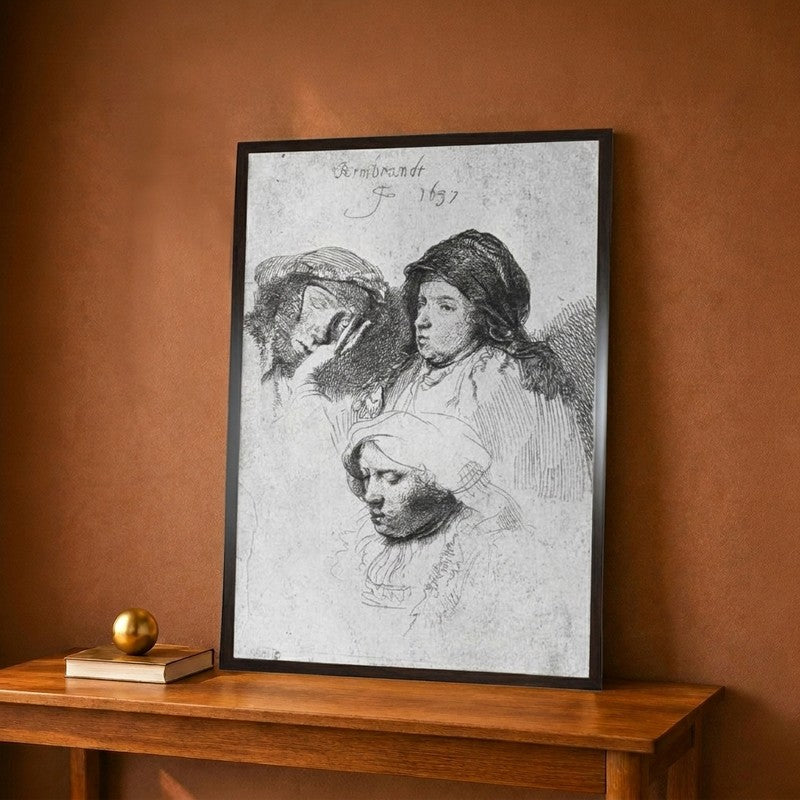 Three Female Heads with One Sleeping, 1637 Canvas Wall Painting - 12 x 18 Inches