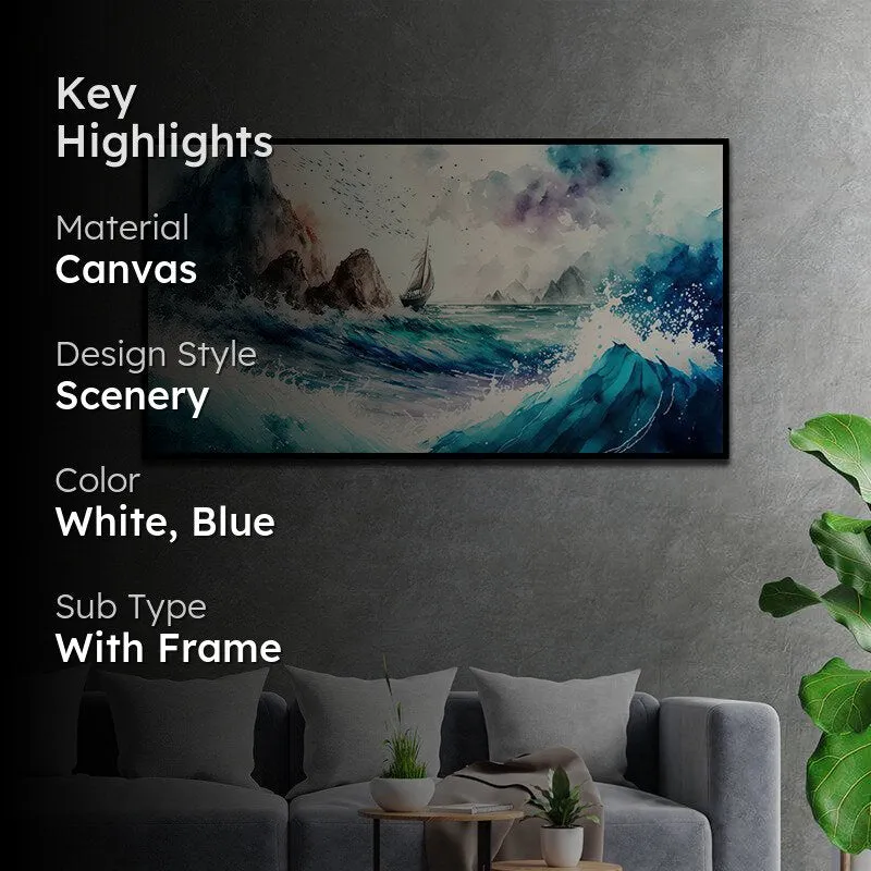 Crashing Blue Waves Landscape Canvas Wall Painting With Frame - Black media 2