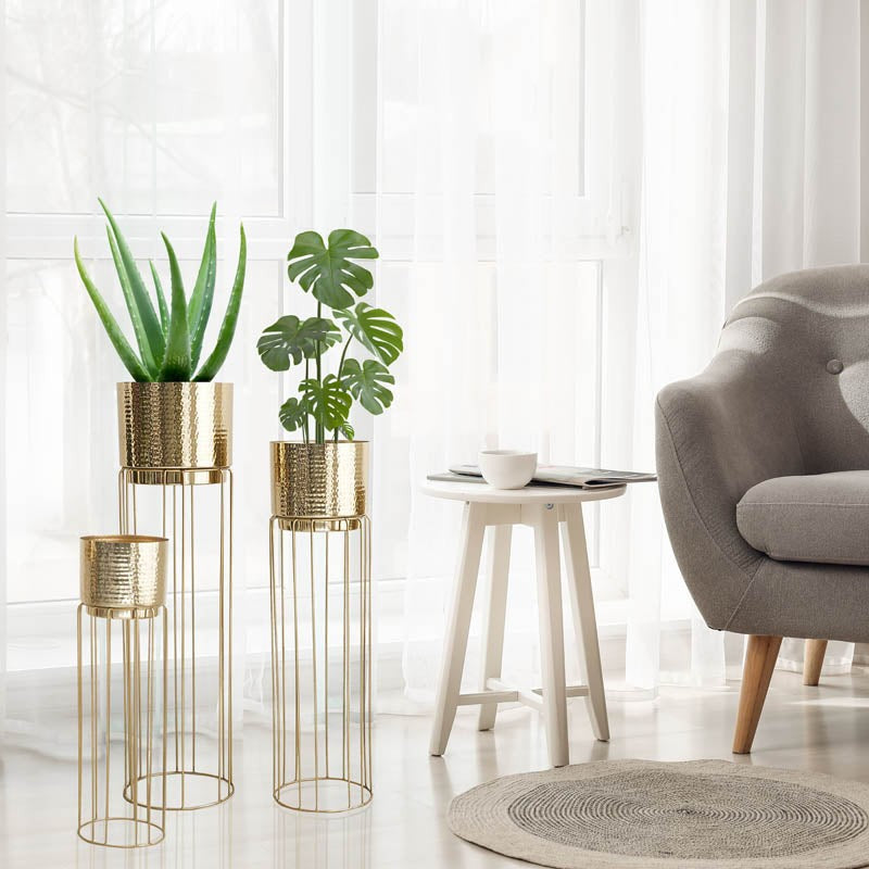 Regal Hammered Metal Planters With Tall Stands - Set Of Three media 3