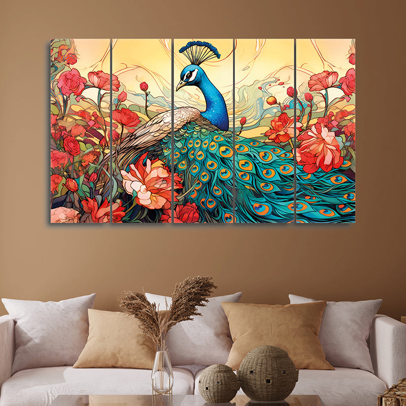Graceful Mayura Canvas Wall Art - Set Of Five