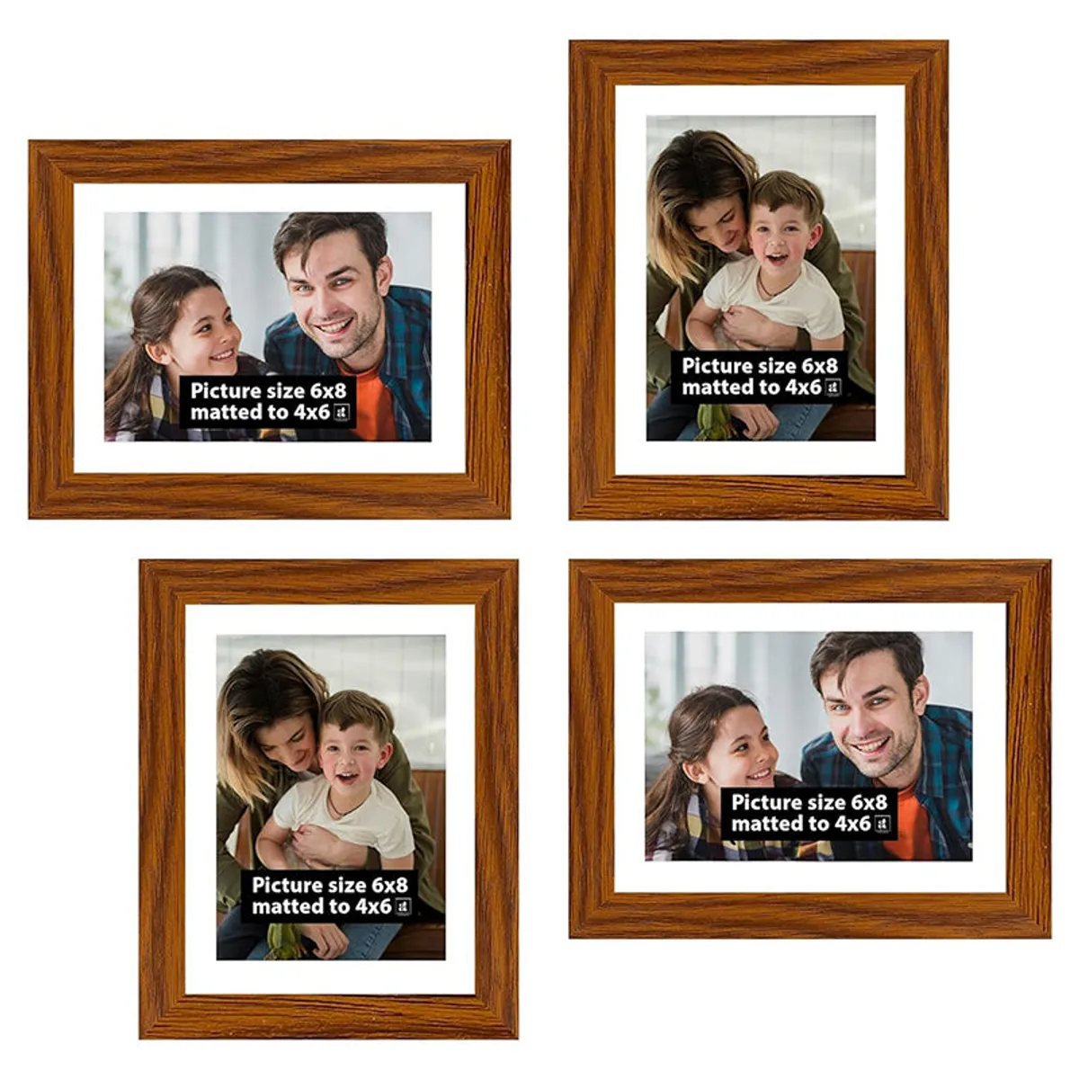 Four brown rectangular photo frames arranged in a square gallery layout