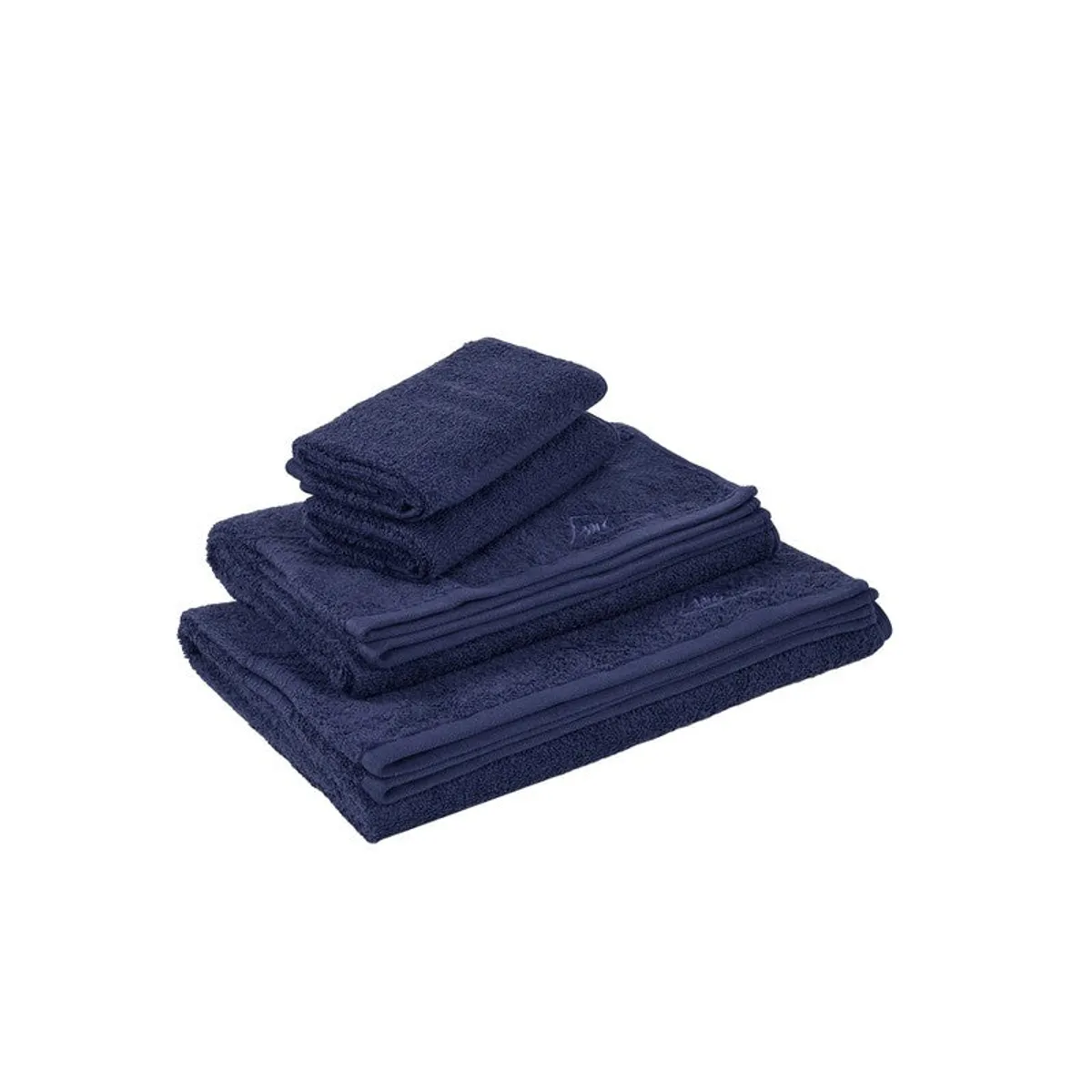Stacked blue bath and hand towels on a white background