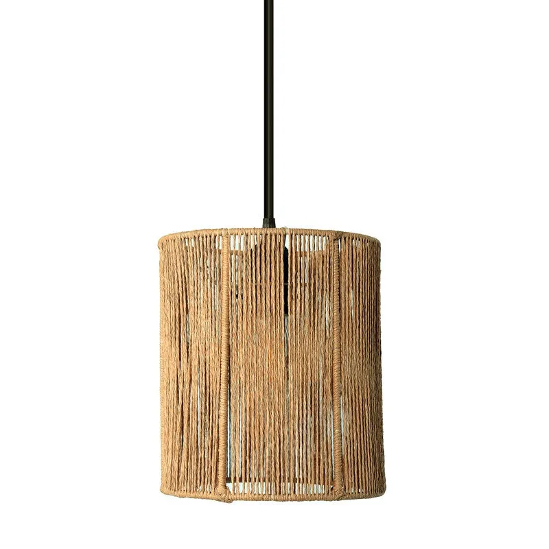Single cylindrical beige raffia lamp shade with black hanging rod