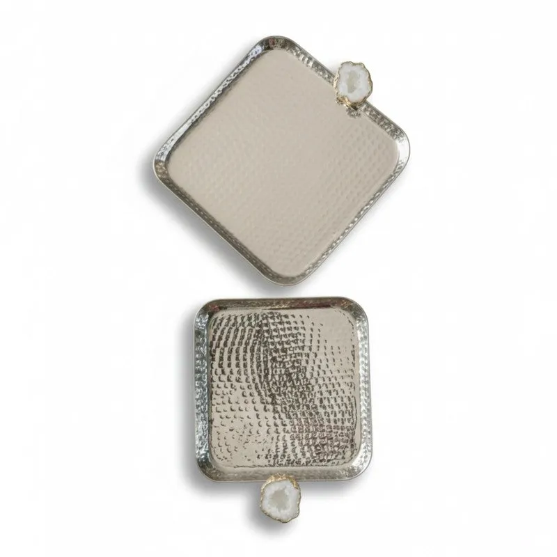Aurora Edge Hammered (Metal,Agate) Platter (White & Silver) - Set of Two media 4