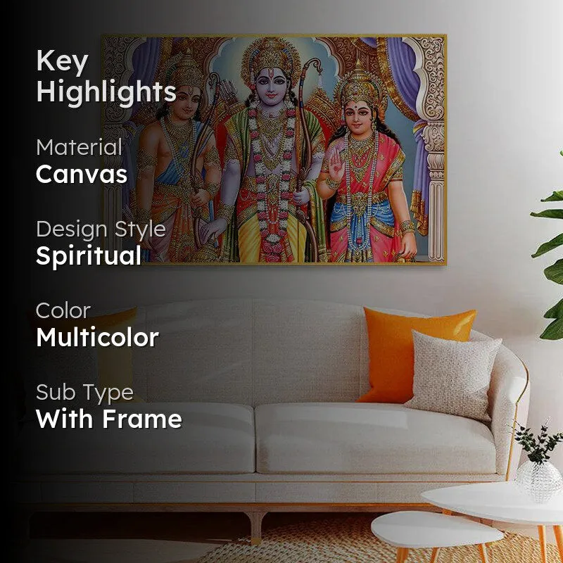 Sita Rama Lakshmana Spiritual Canvas Wall Painting With Frame - Gold media 2