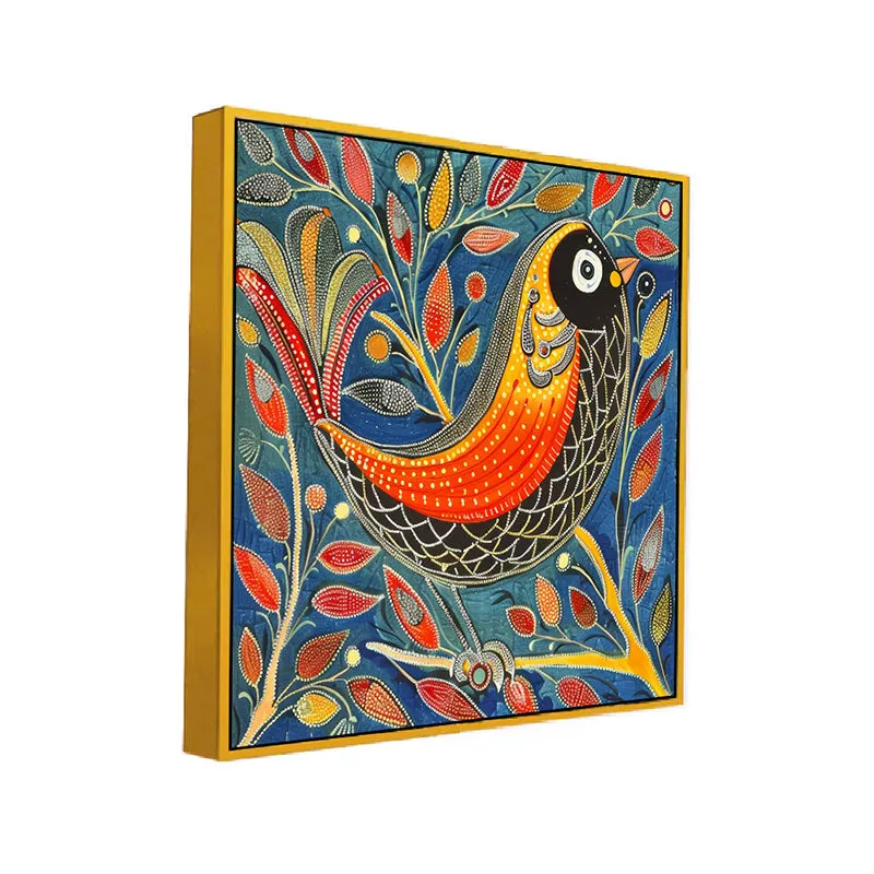 Colourful Avian Canvas Wall Painting With Frame - Gold media 3