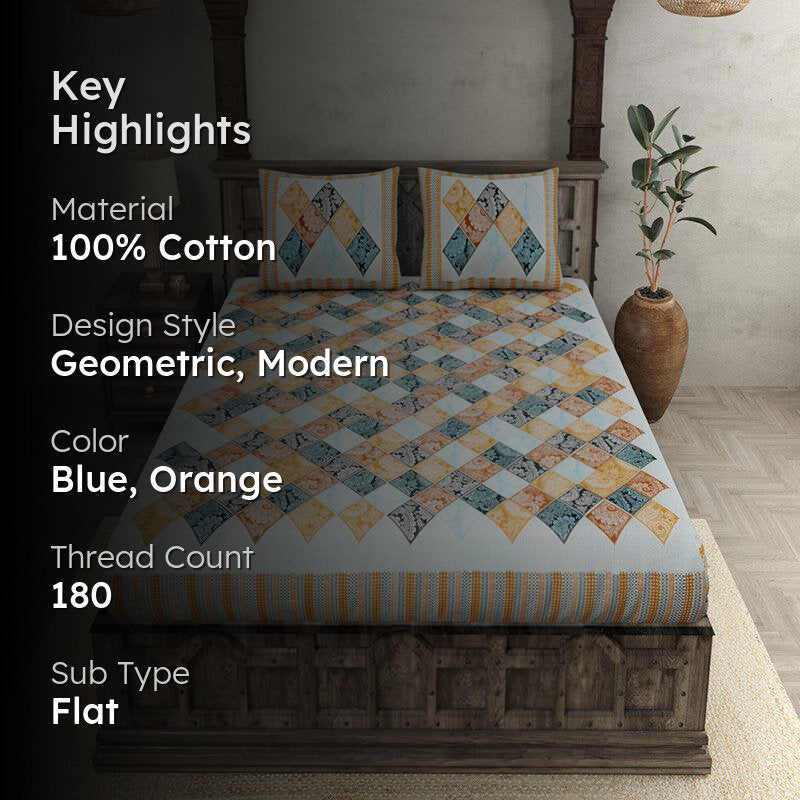 Mateo Geomatric Cotton Bedsheet (Blue,Orange) - 180 TC media 2