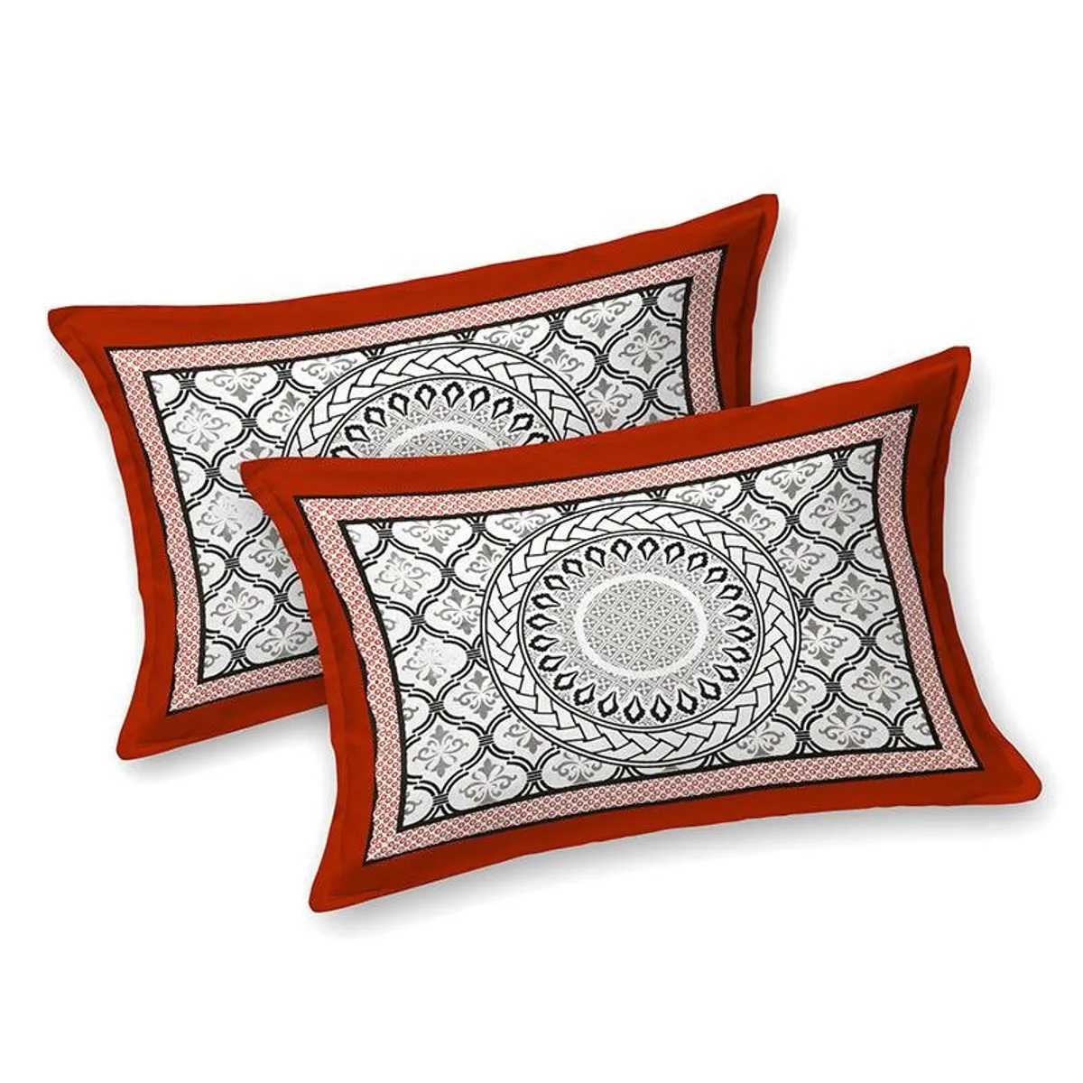 Two matching pillow covers with red borders and printed pattern