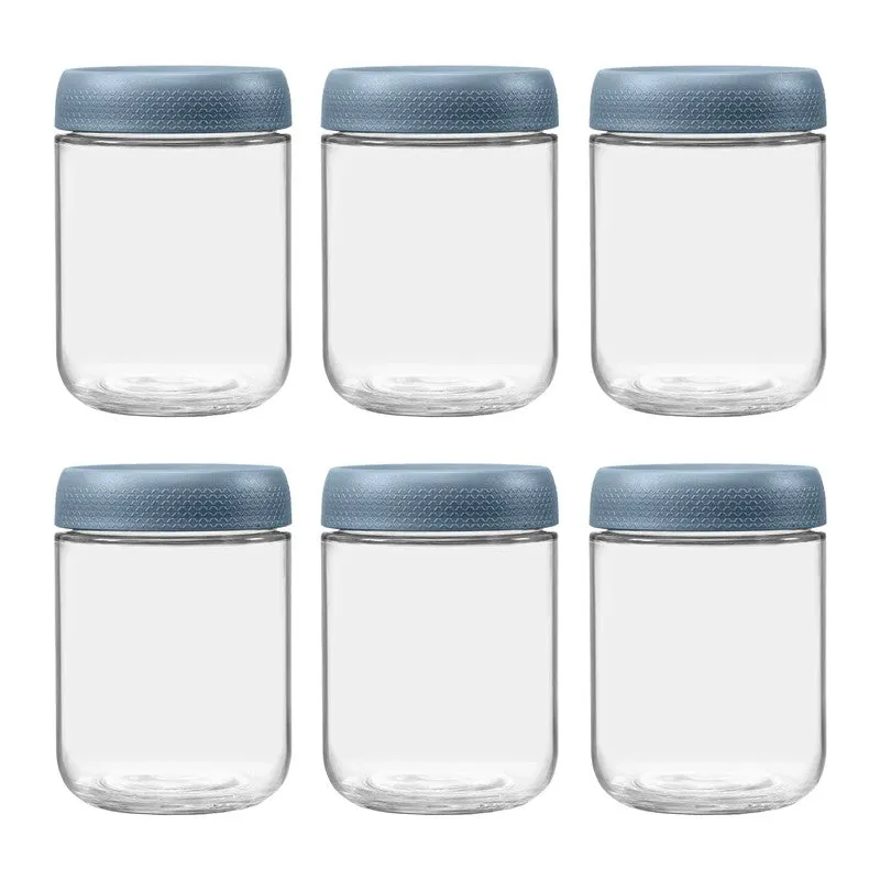 Six clear glass storage jars with matching blue lids shown in two rows