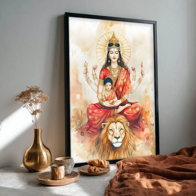 Simhavahini Durga Archival Paper Wall Painting With Black Frame media 4