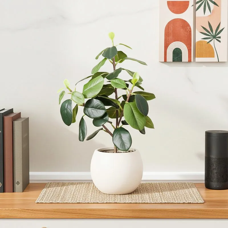 Artificial Dark Green Natural Looking Quercus Leaf Plant With Black Fiber Pot - 1.2 Feet media 1
