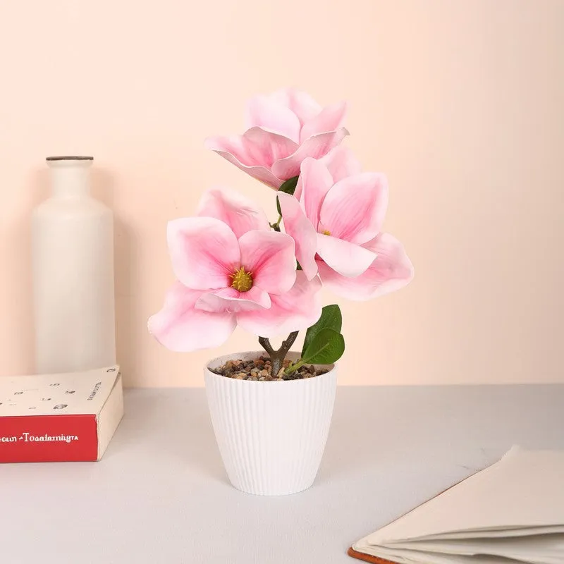 Magnolia Artificial Flower Plant With Black Plastic Pot - Pink media 1
