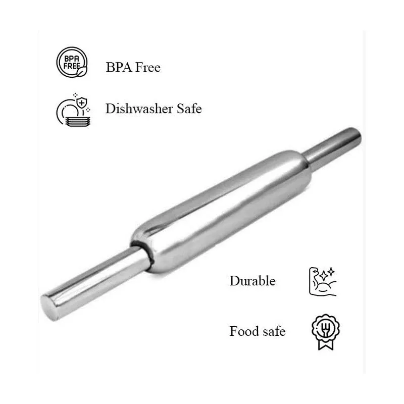 Steel rolling pin shown on a white background with feature icons