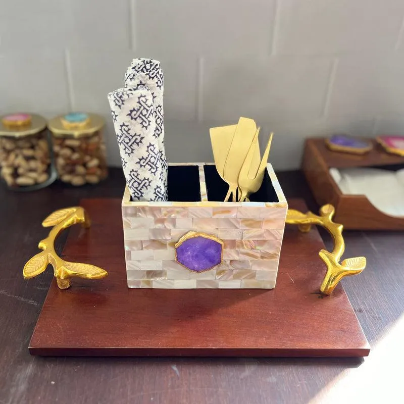Suzzaine Handcrafted Mother Of Pearl & Agate Cutlery Holder - Purple & Beige media 4