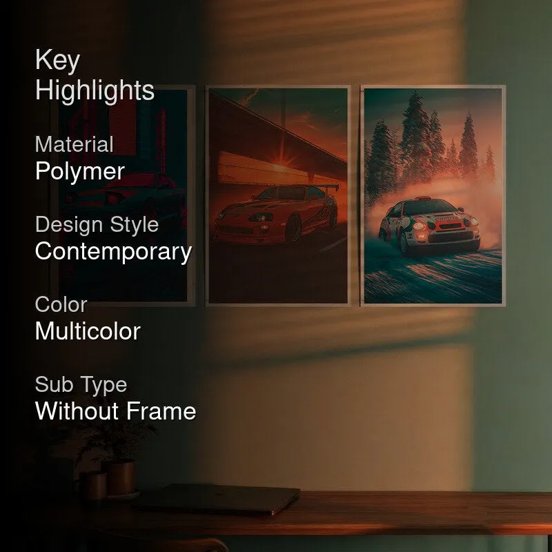Three car posters with highlighted material and style details