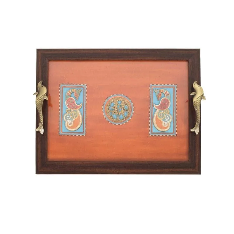 Top view of Paari tray showing orange surface, central motif and peacock designs