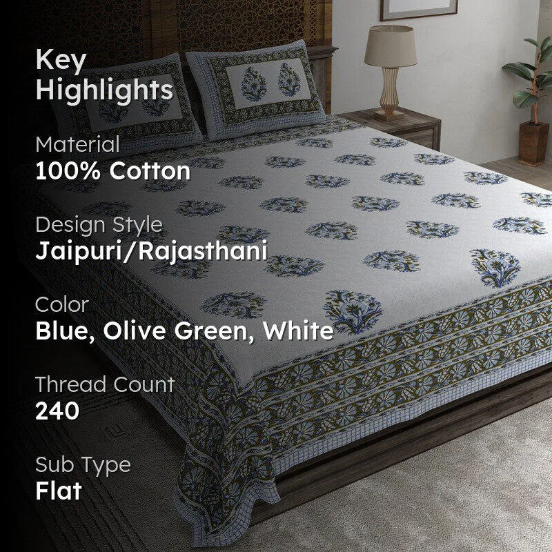 Vineel Cotton Bedsheet (Blue,Olive Green,White) - 240 TC media 2