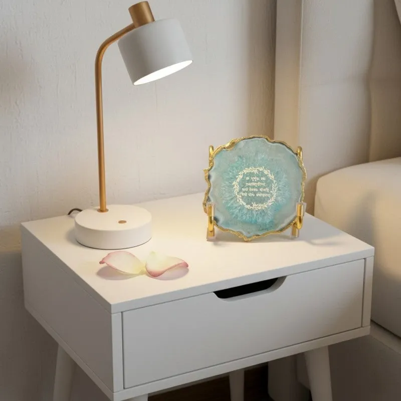 Turquoise agate religious accent styled on a bedside table