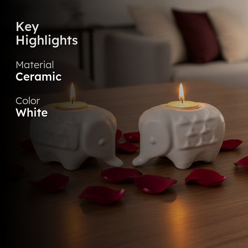 Ebony Elephant Ceramic Tea Light Candle Holders (White) - Set Of Two media 2