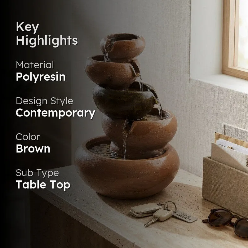 Brown tabletop fountain with key highlights text overlay