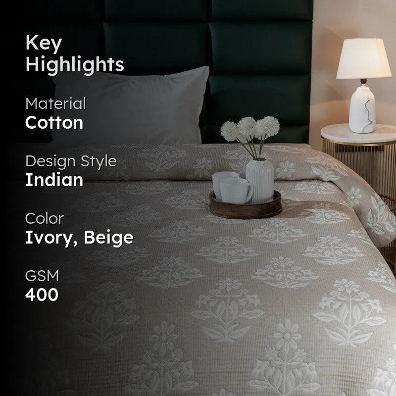 Ivory-Beige Floral Design Comforter media 2