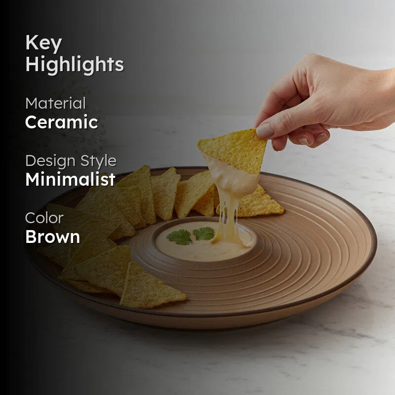 Brown chip and dip platter shown with ceramic and minimalist design details