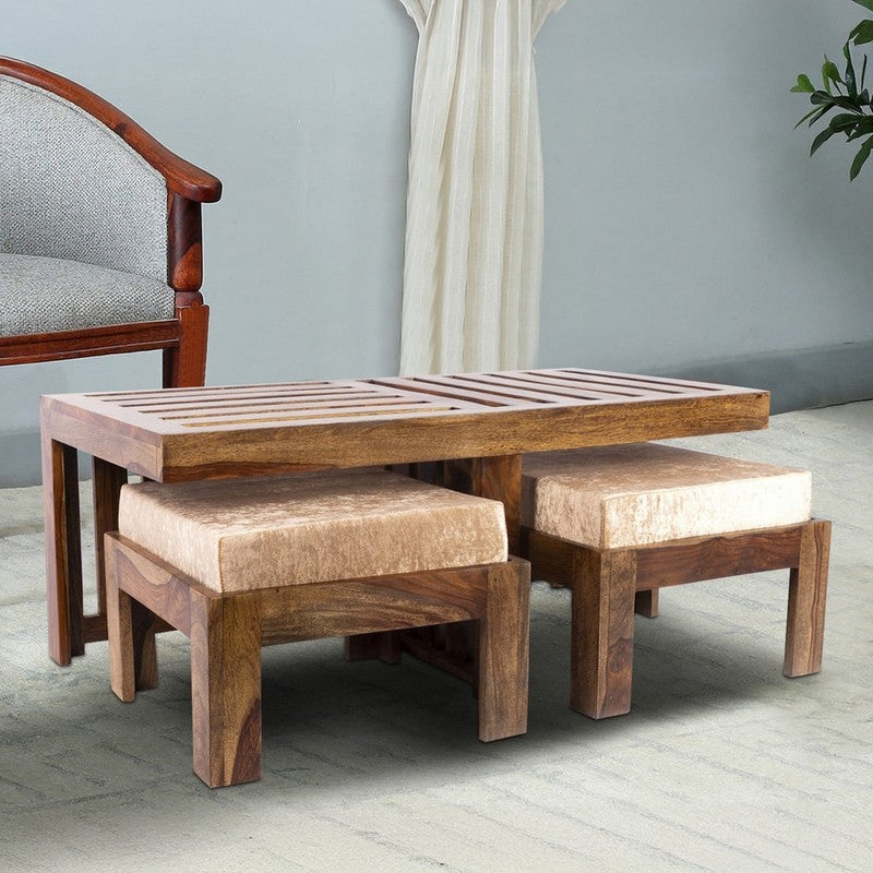 Dravon Sheesham Wooden Center Table with Stools (Brown,Beige) - Five Piece Set media 3