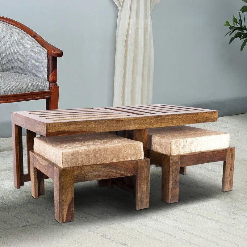 Dravon Sheesham Wooden Center Table with Stools (Brown,Beige) - Five Piece Set media 3